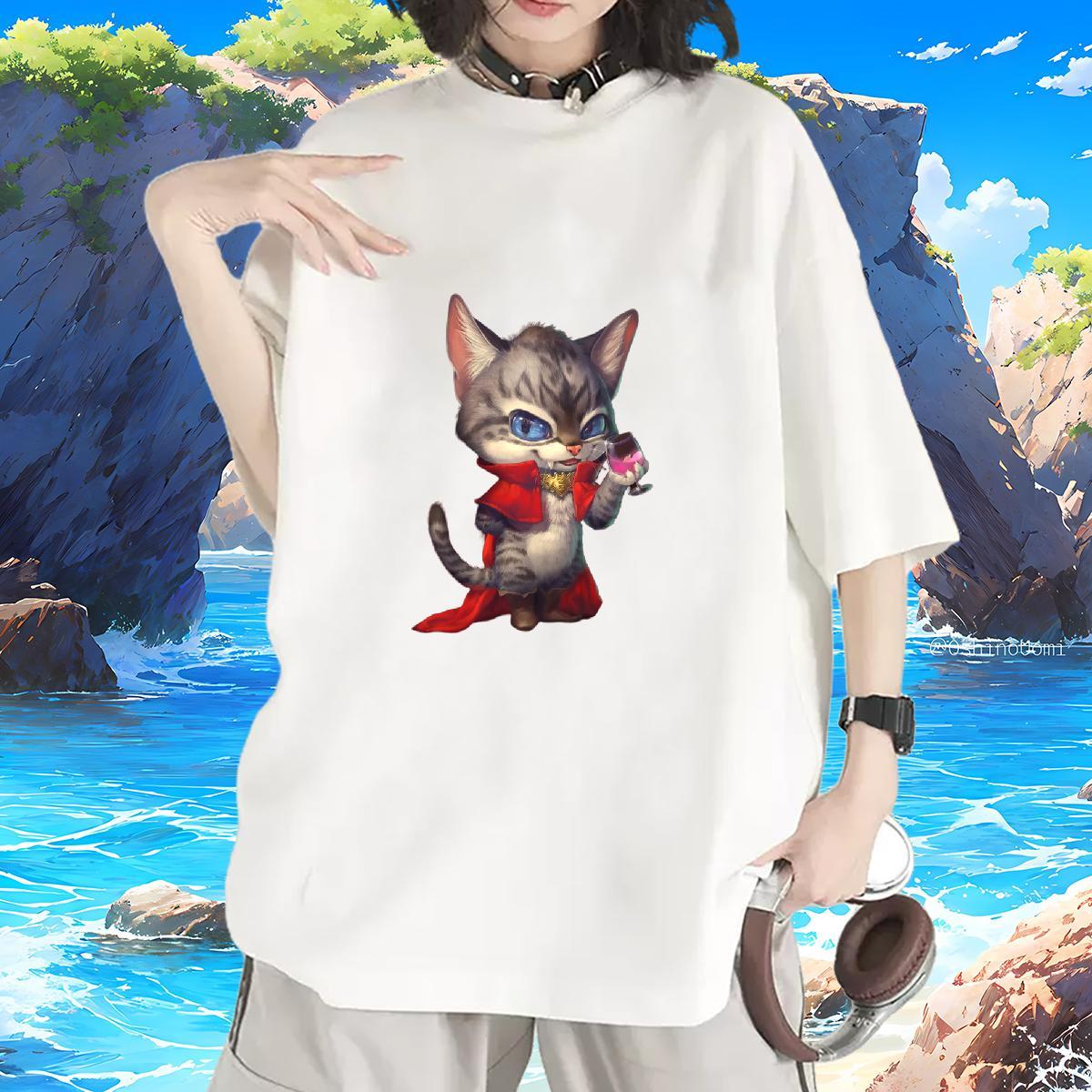 New Womens T Shirts Crew Neck 230g Cotton Women Tees Plus Size Cartoon cat Casual Beach Nice Tops