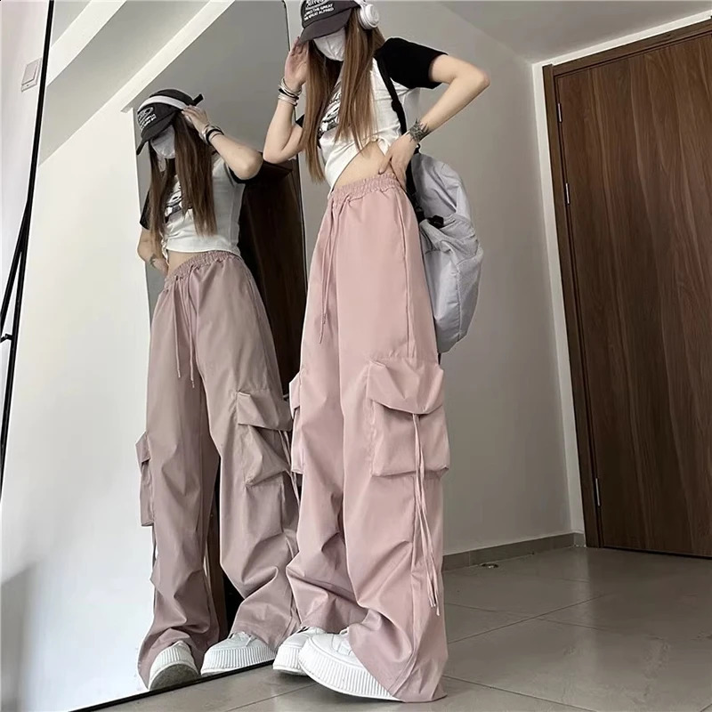 Women Y2K Cargo Pants American Retro Hip Hop Casual Bf Wide Leg Pants High Waist Big Pockets Loose Harajuku Straight Trousers 240821