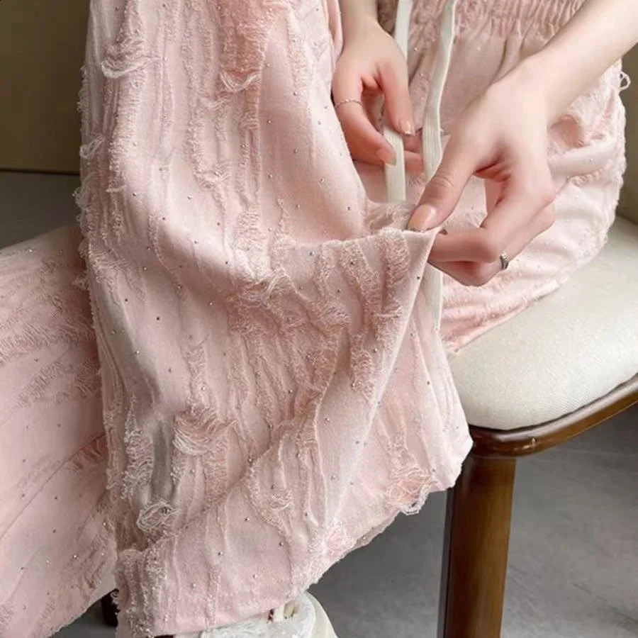 Y2k Streetwear Diamonds Wide-legged Pants Grunge Hole Women Clothing High Waisted Baggy Straight Pants n Chic Trouser 240821