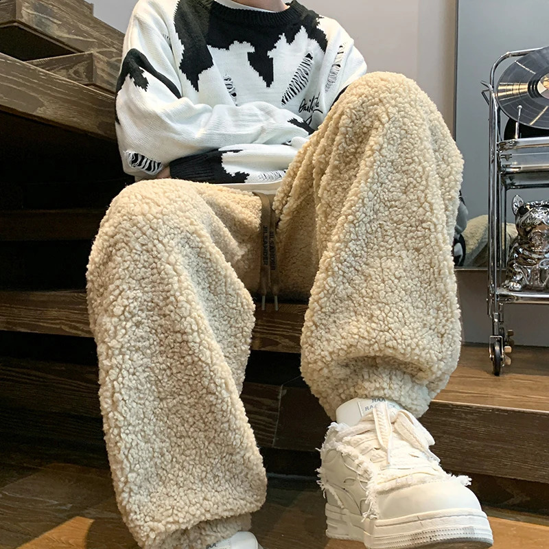 Winter Thickened Pants Men Warm Fashion Retro Lamb Wool Pants Men Oversized Streetwear Loose Straight Pants Mens Thick Trousers 240821