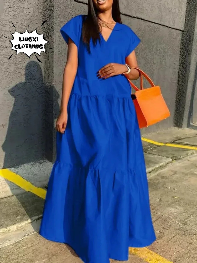 Autumn Womens Large Size Loose Elegant Womens Dress V-Neck Temperament Gathering Womens Gown Sexy Holiday Dress 240822