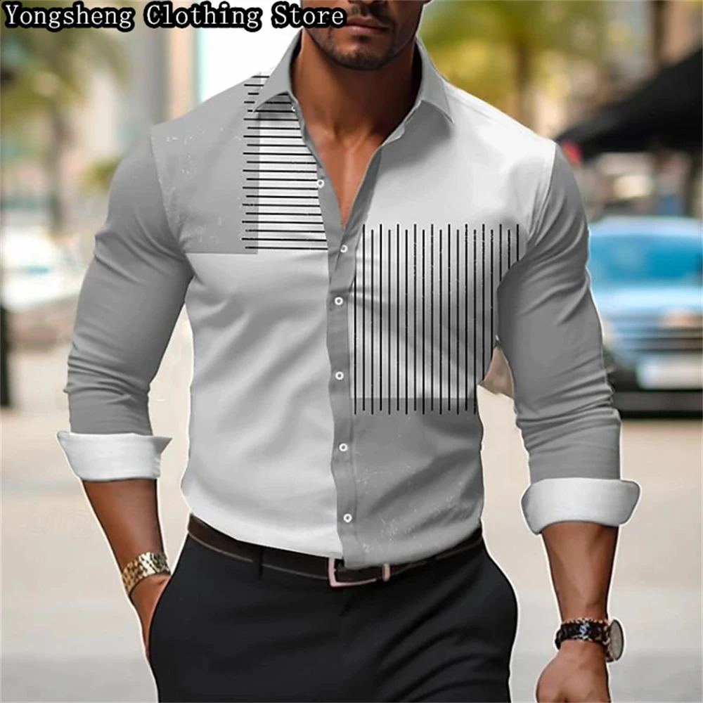 Mens long-sleeved ice silk printed shirt European -selling irregular striped splicing casual business clothing 240822
