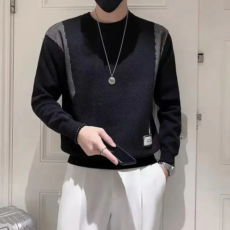 Mens knitted sweater striped round neck mens clothing latte icon blue Crewneck Maltry Spring Autumn Order Sweater X 240821