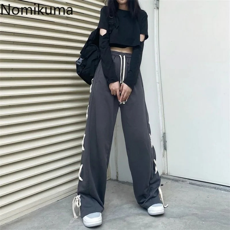 Black Y2k Wide Leg Pants Women Streetwear Bandage Casual Pantalon Femme Bottoms High Waist Straight Korean Harajuku Trousers 240821