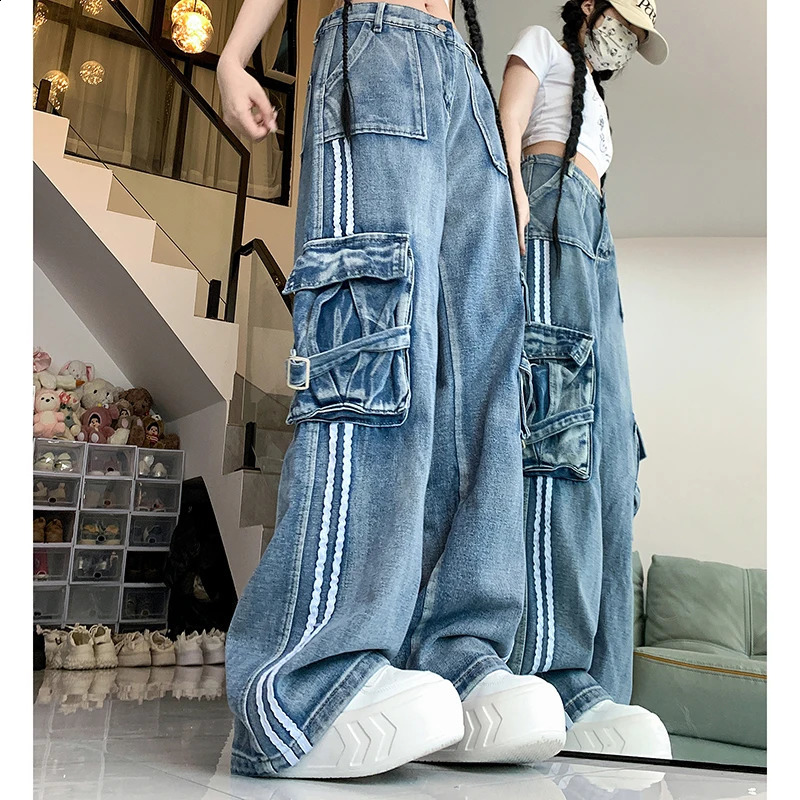 Women Vintage 90s Baggy High Waist Jeans Female Harajuku Denim Cargo Pants Lady Aesthetic Black Grey Blue Wide Leg Trousers 240822