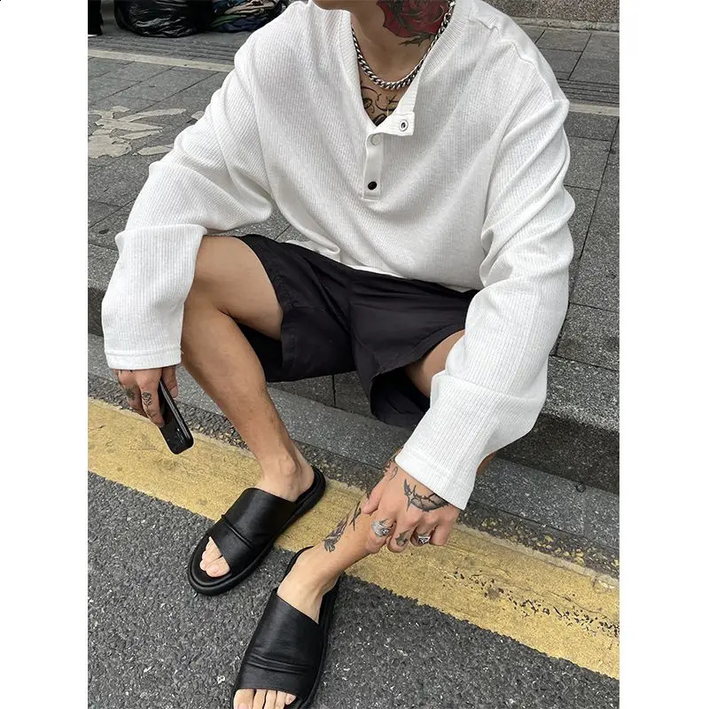 Mens Trend Button Loose T Shirts Spring Autumn Long Sleeve Solid Color Plus Size Tops Tees Fashion Casual Men Clothing 240822