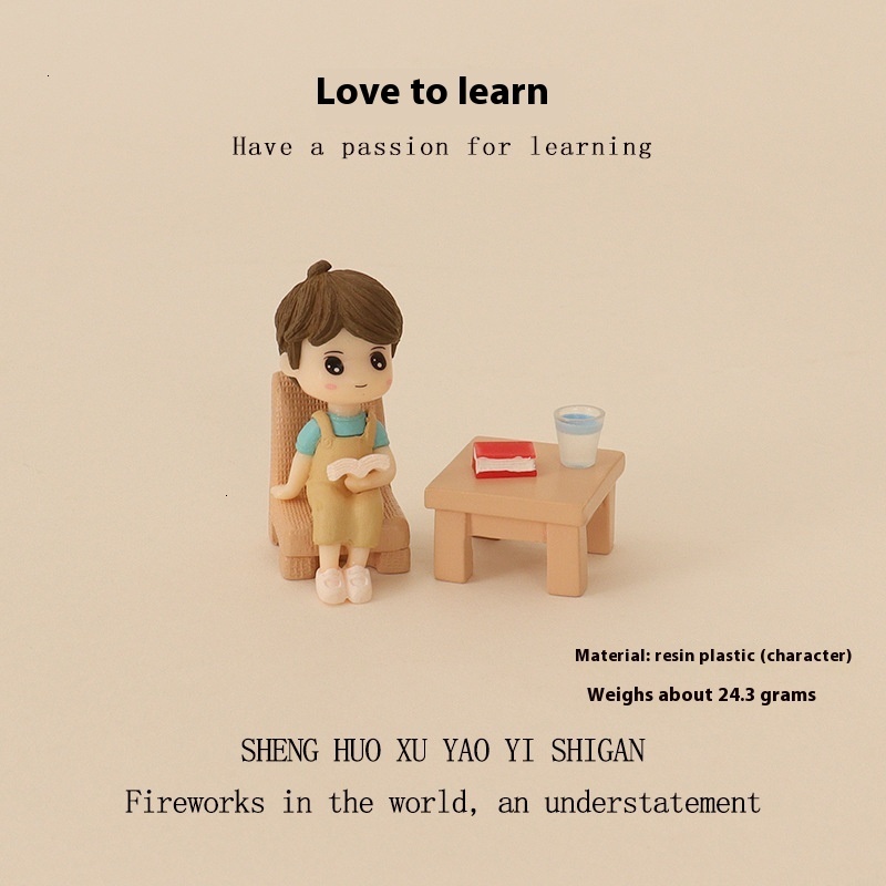 Mini water cup tables chairs, cute boys and girls reading, micro landscape scenes, baby house accessories, home decoration, desktop ornaments