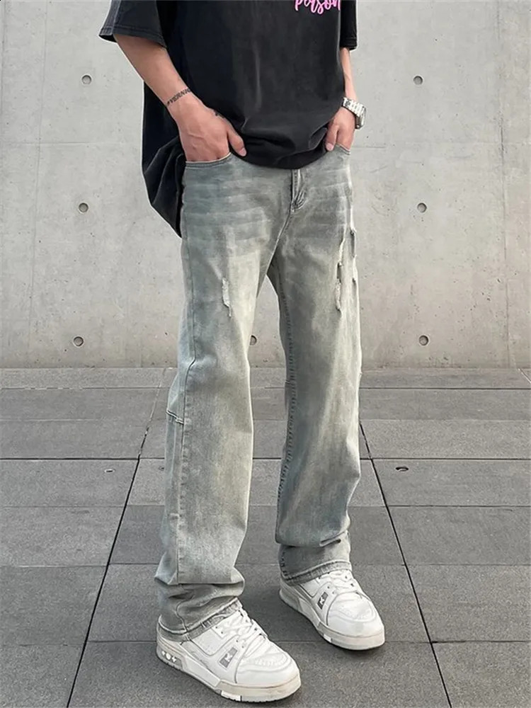 Jeans Mens High Street Ripped Straight Trousers Button Pocket Washed Solid Color Loose Trousers A168 240821