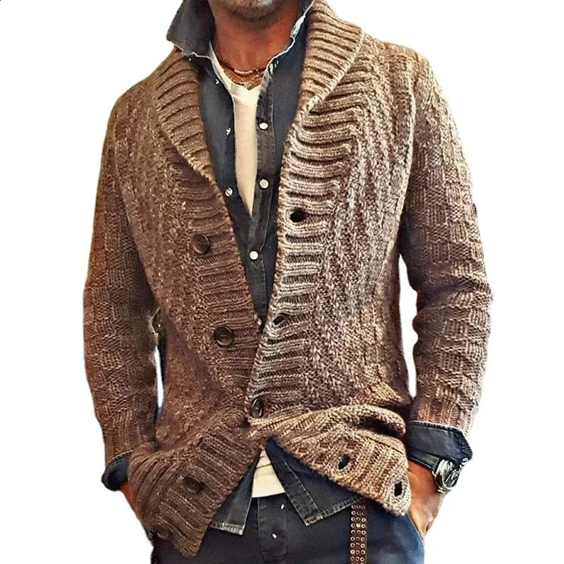 AutumnWinter Mens Solid Color Sweater Retro Collar Knitted Long Sleeve Open Fleece S3XL 240821