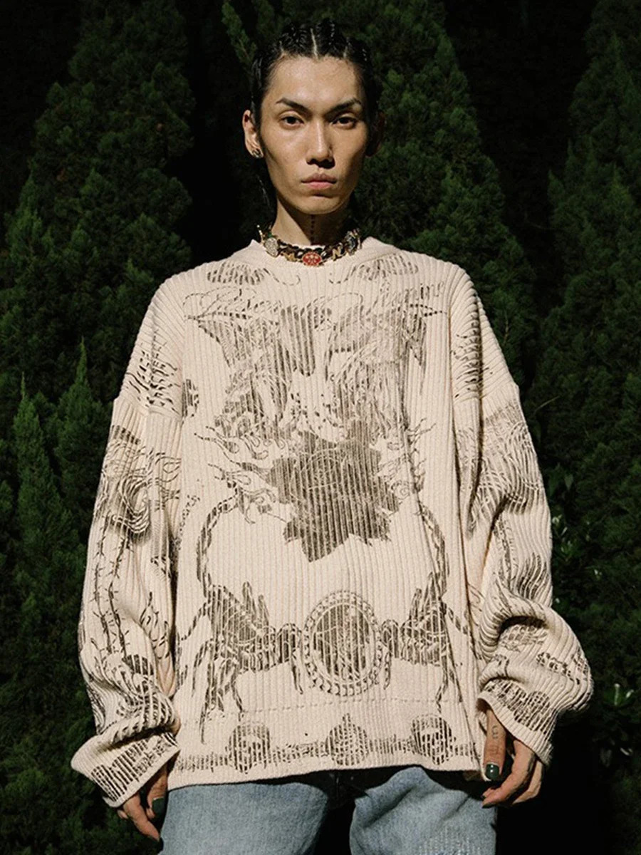 R69 Scorpion Graphic Knitted Sweater Mens Extra Large Autumn Korean Fashion Pullover Harajuku 240821
