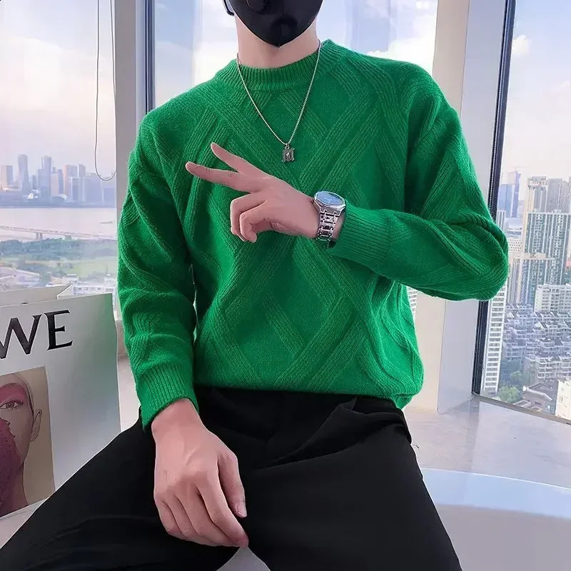Man Clothes Crewneck Solid Color Knitted Sweaters for Men Green Plain Pullovers Round Collar Sheap Korean Style Order Loose Fit 240821