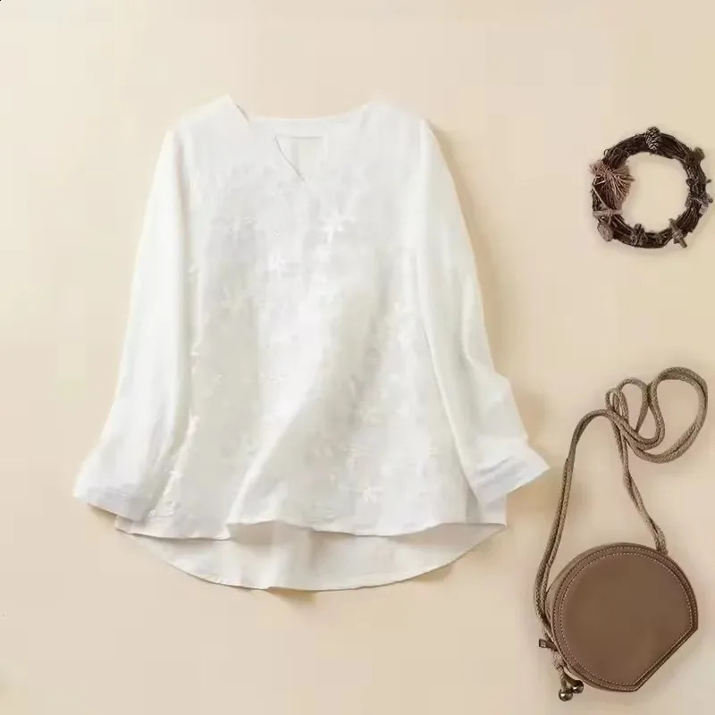 SummerAutumn Womens Cotton Linen Shirt Vneck Embroidered Lace Top Long Sleeve Loose White Elegant Large Casual 240822