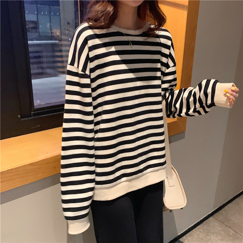 Autumn New Korean Student Striped Long Sleeve Hoodie Women's Round Neck Thin Loose and Slim BF Style Top dongdumaoyi