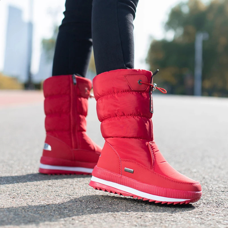 Woman Chunky Womens Shoes For Snow Boots Half High Moon Platform Mid Calf Round Toe Big Red Waterproof With Chic Point