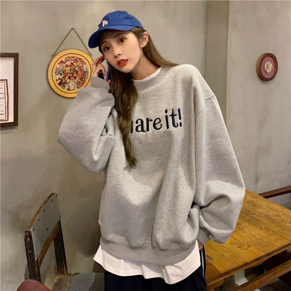 autumn and winter new Korean version letter embroidery fake two-piece thick velvet long sleeved sweatshirt women's pullover BF style top 3bdec c9