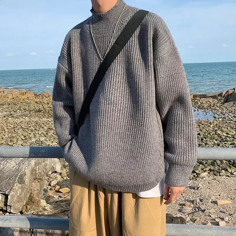Man Clothes Turtleneck Knitted Sweaters for Men Half Collar Pullovers Black Solid Color Plain Selling Products X A Old 240821