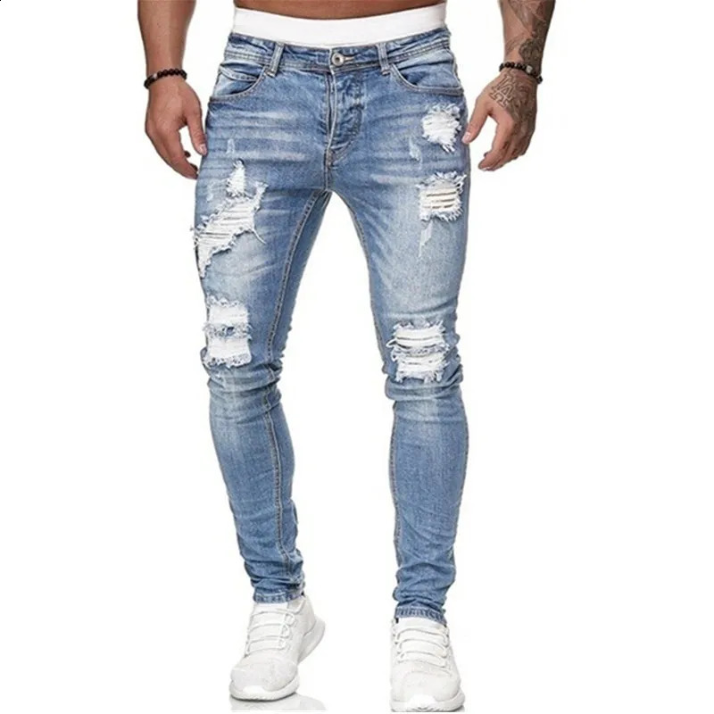 Mens slim jeans casual ripped micro-elastic skinny feet jeans mens hip hop style paint cover tear personality pants men 240821