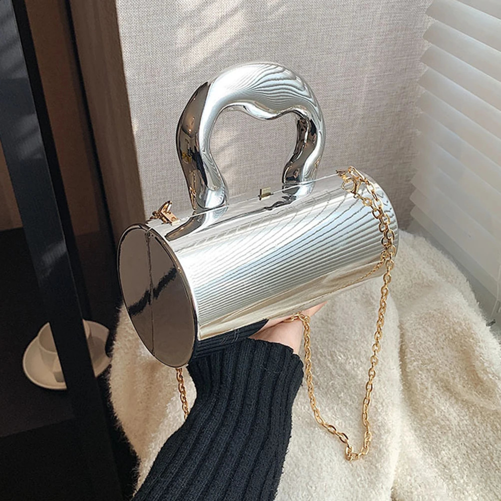 Fashionable cylindrical womens bag party clutch metal handle mini evening wallet Y2K cross body shoulder luxury design handbag 240822