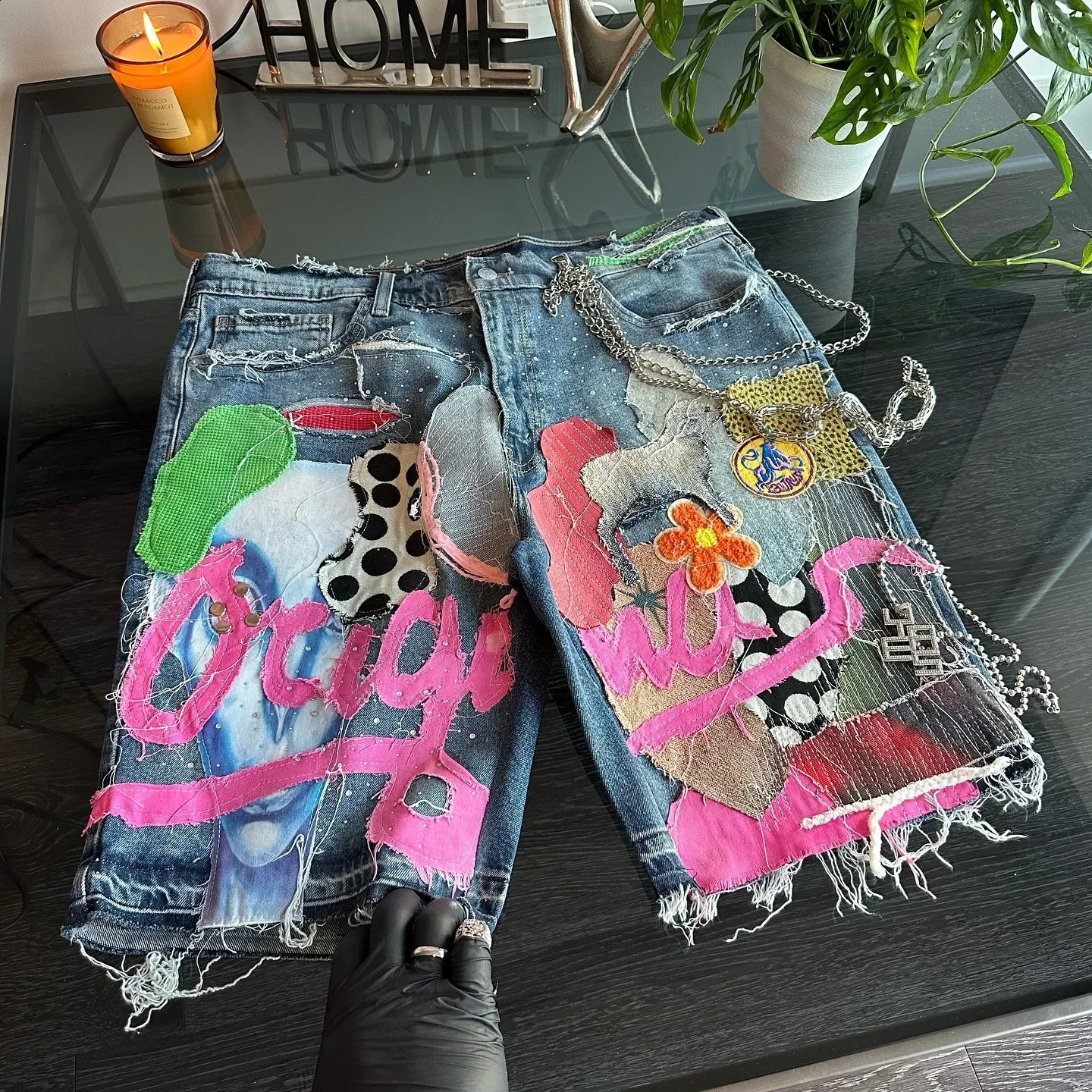 Y2K Retro Hip Hop Painted Patchwork Baggy Denim Shorts Fashion Street Gothic Punk Straight Jeans Shorts Men Women Trendy Jorts 240822