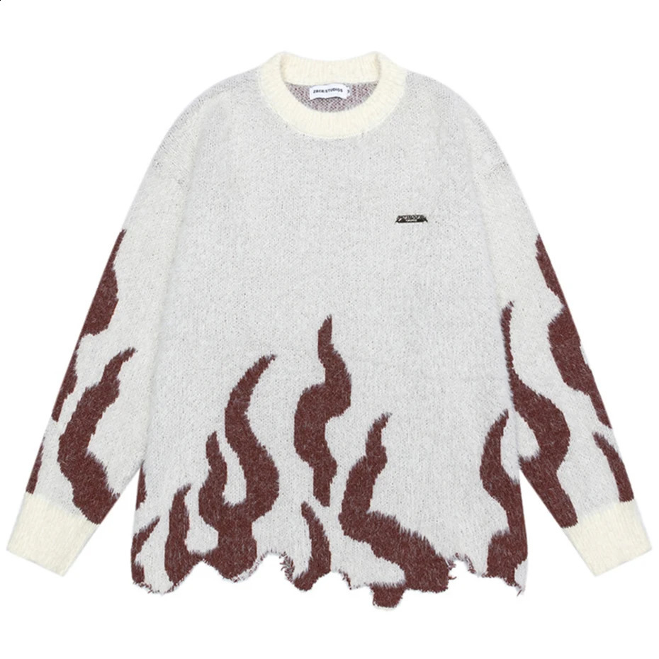 Street fashion hiphop mens sportswear flame pattern irregular hem black loose knit skydiving pulley Harajuku 240821