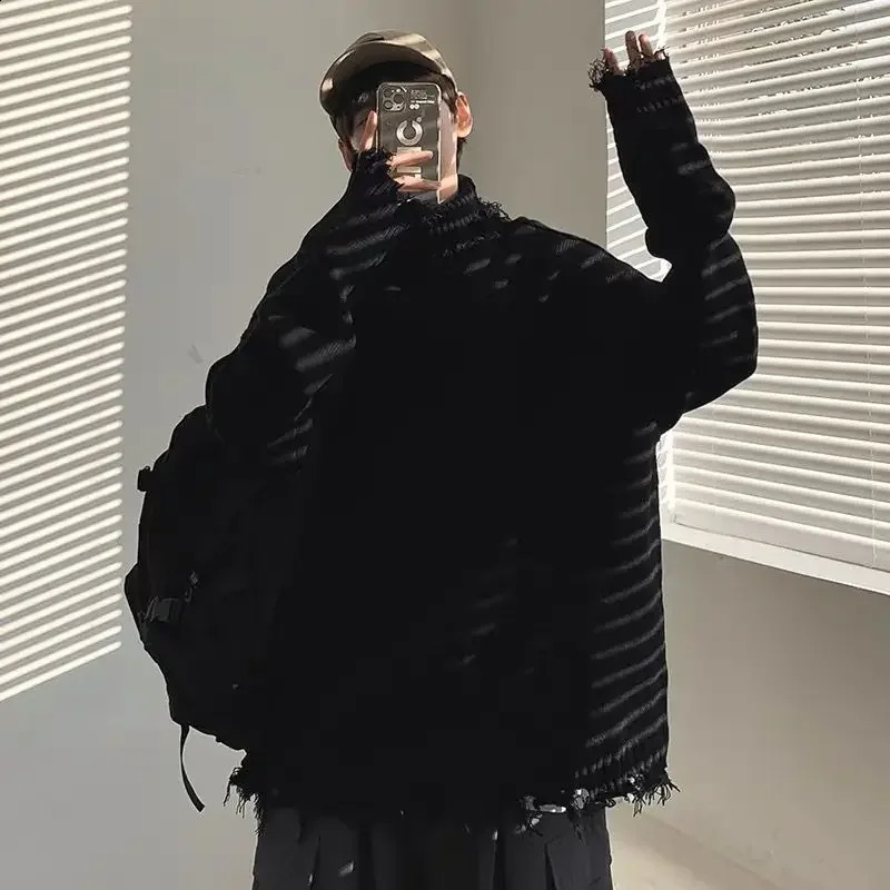 Man Clothes High Collar Knitted Sweaters for Men Torn Solid Color White with Holes Pullovers Plain Turtleneck Street Sheap Ugly 240821
