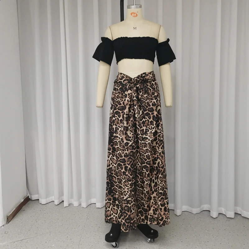 Waytobele twopiece summer womens fashionable off shoulder solid short sleeved pleated ultrathin leopard print top 240821