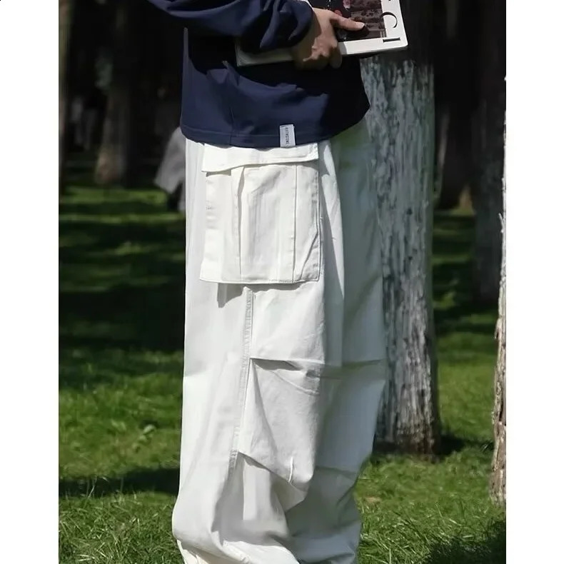 Slimmingtrendy White Casual Pants Loose-fit Hip Hop Large Pocket Cargo Pants Wide Leg n Sensibility For Men 240822
