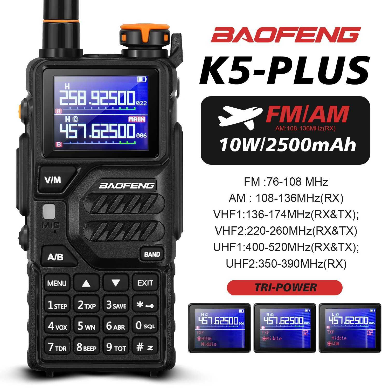Baofeng K5 Plus Walkie Talkie Portable AM FM Two-Way Radio Comumicador Portable Amateur Radio Full Band LCD 999CH Frequency Copy M240821