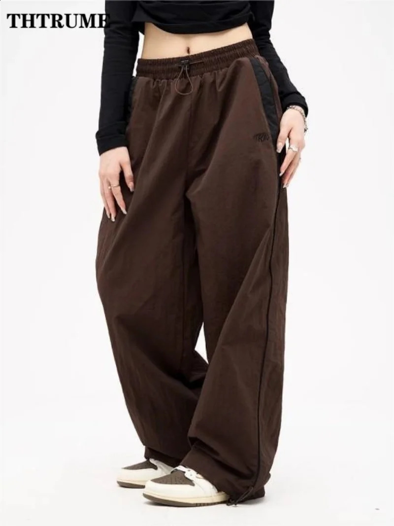High Street Vintage Pant Fashion Women Oversized Elastic Waist Pocket Y2K Wide Leg Pants Casual Streetwear Baggy Trousers 240821