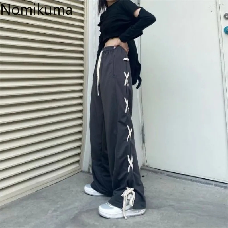 Black Y2k Wide Leg Pants Women Streetwear Bandage Casual Pantalon Femme Bottoms High Waist Straight Korean Harajuku Trousers 240821