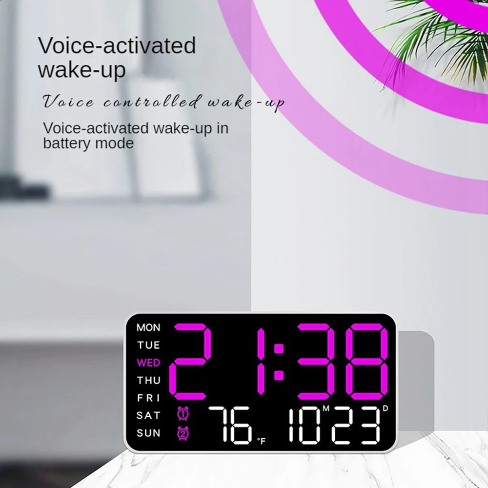 Large Digital Wall Clock Week Date Temperature Display Voice Control Table LED Alarm Clocks Brightness Adjustable 1224H Clock 240822
