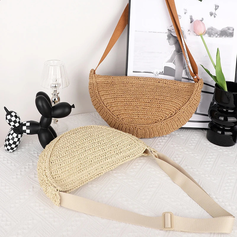 Casual Halfmoon Straw Crossbody Bags Handmade Weave Hobo Shoulder Summer Beach Small Tote Purses 2024 Vacation 240821