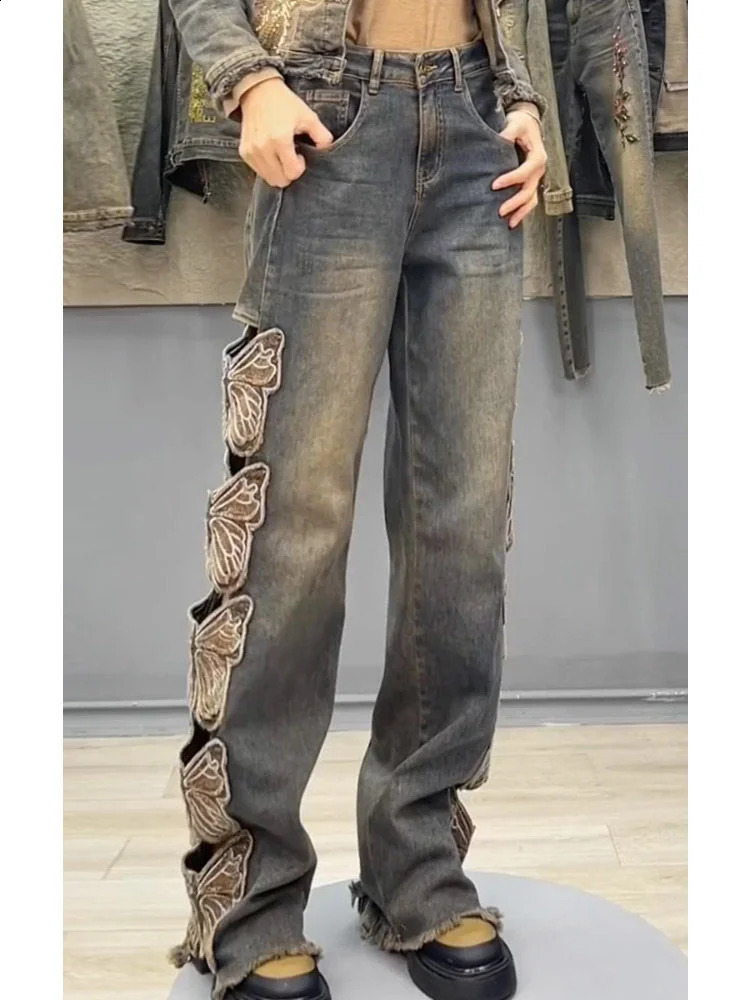 Summer Y2K Strtwear Harajuku Butterfly Decoration Denim Pants Womens High Waist Embroidery Loose Straight Hole Ripped Jeans Z260313