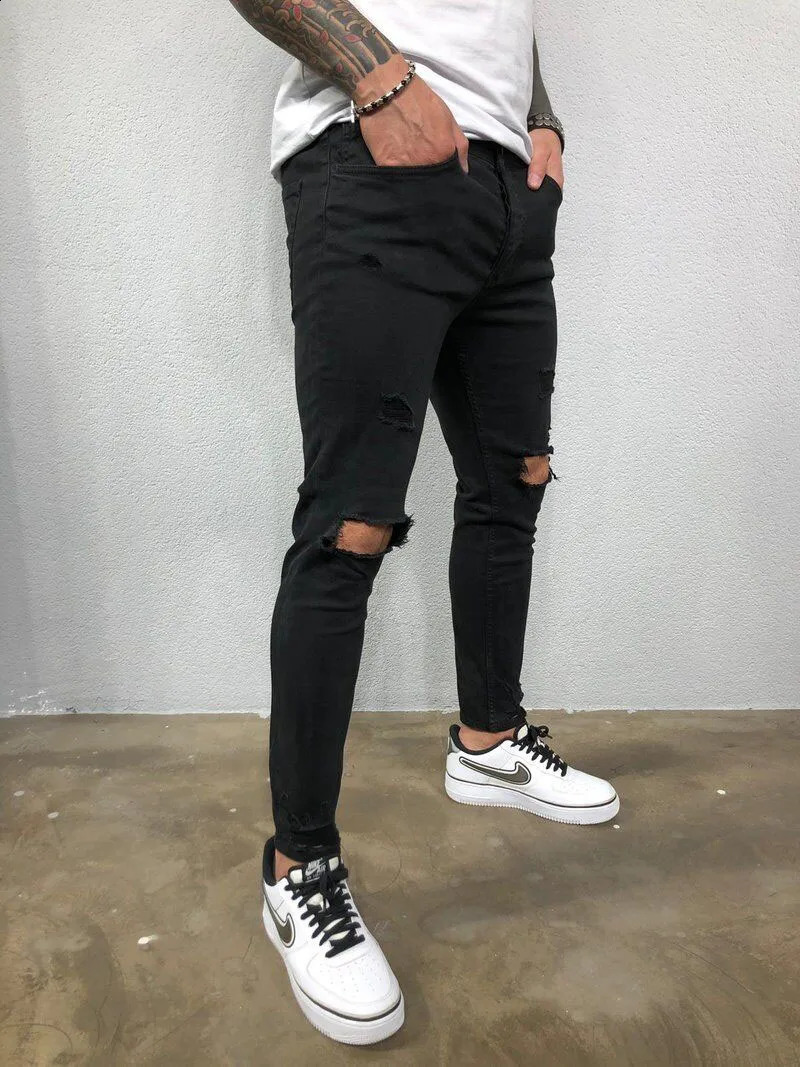 Mens Jeans Streetwear Ripped Skinny Hip Hop Man Fashion Estroyed Oversize Pants Solid Color Male Stretch Casual Denim Trousers 240821