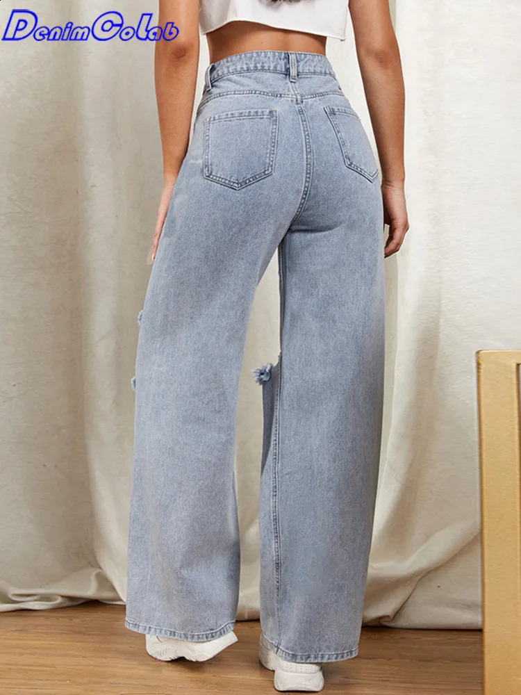 DenimColab Hole Washed Wide Leg Women Loose Boyfriend 100 Cotton Mom Jeans Casual Trousers Denim Pants Z260313