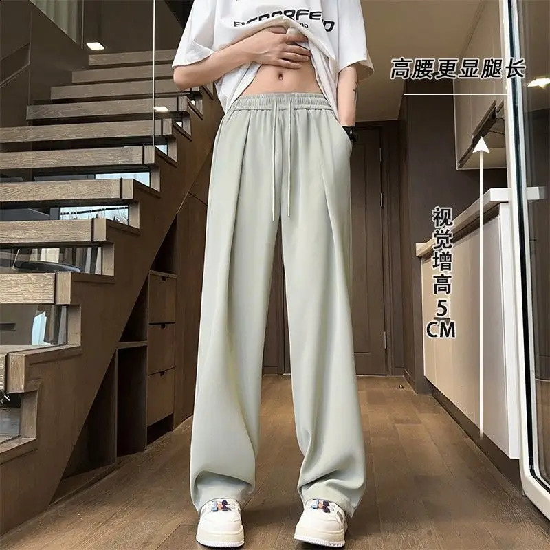 Summer Fashion Thin Ice Silk Loose Straight Pants Men Solid Elastic Waist Drawstring Pocket Casual Ventilate Wide Leg Trousers 240822