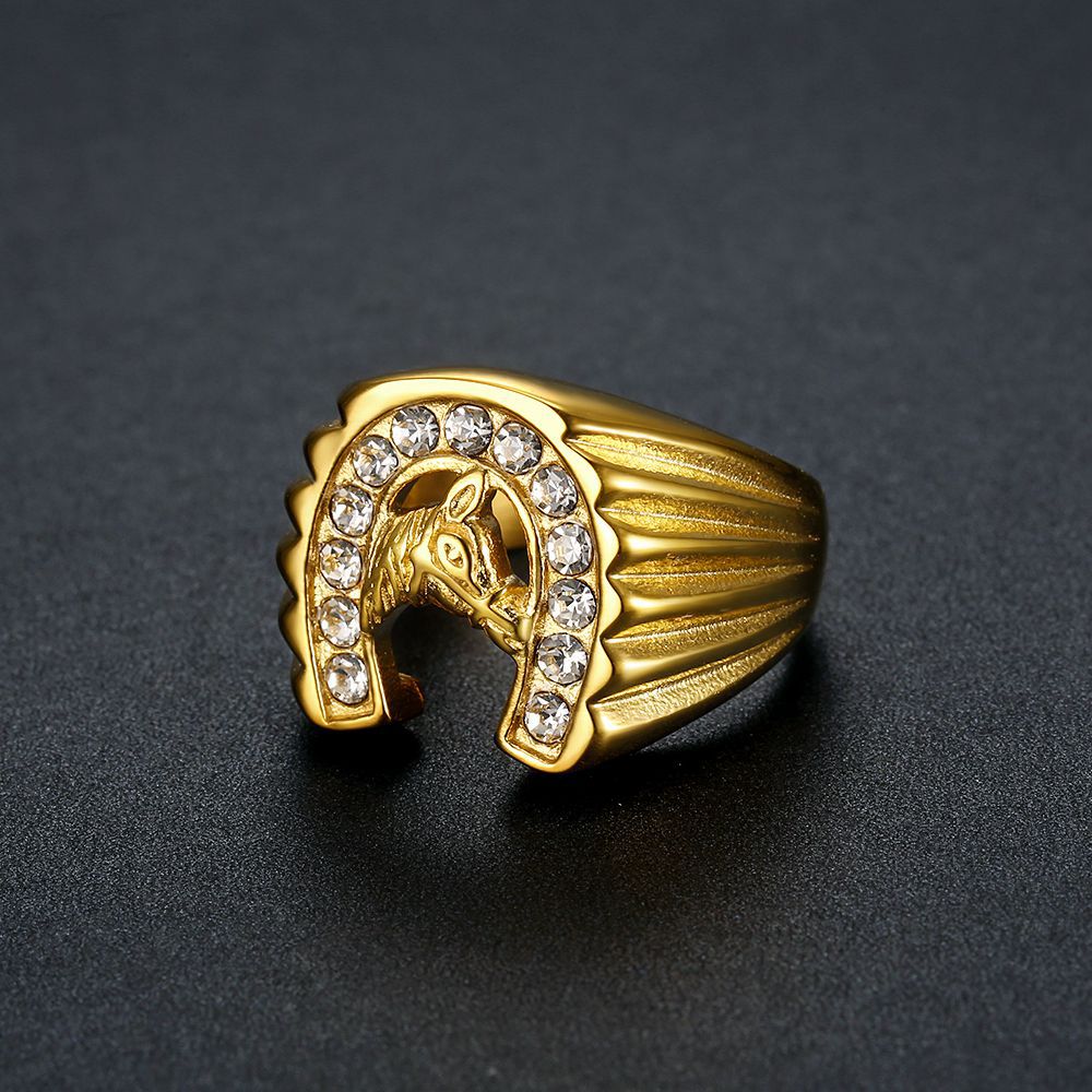 Vintage Hip Hop Casting Horse Head Ring Stainless Steel Gold Plated with Zircon Jewelry