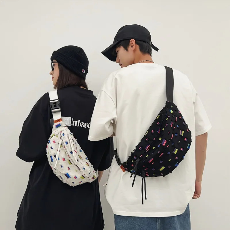 cracked hole hiphop punk Fanny bag mens large capacity canvas single shoulder cross body 240821