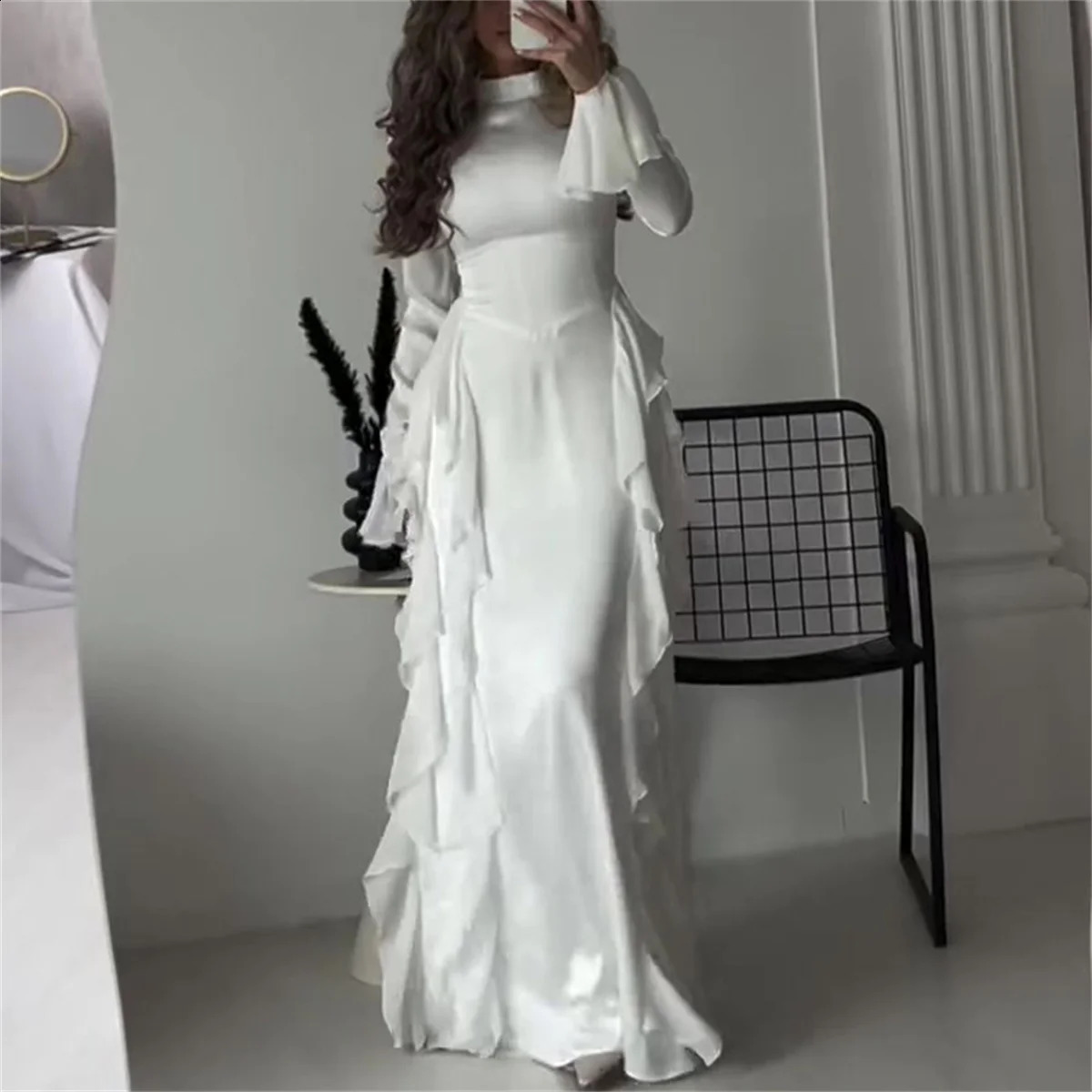 Womens O Neck Long Dresses Fashion Stringy Selvedge Flared Long Sleeve Dress White High Waist Dinner Gown Autumn Party Vestidos 240813