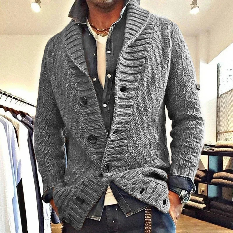 AutumnWinter Mens Solid Color Sweater Retro Collar Knitted Long Sleeve Open Fleece S3XL 240821
