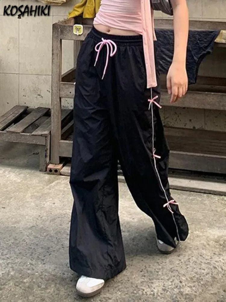 Streetwear Black Bow Femme Vintage Drawstring Wide Leg Pants for Women Y2k Aesthetic Trousers Harajuku Loose Summer Bottoms 240821