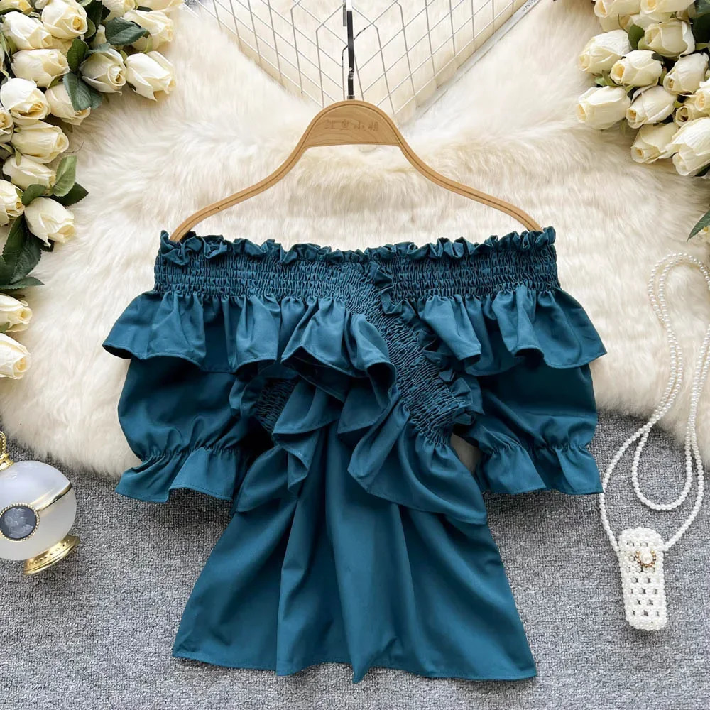 Elegant Blouses for Women Korean Style Blouse Short Sleeve Off Shoulder Shirt Woman Sweet Y2k Crop Top Femme Blusas Drop 240821