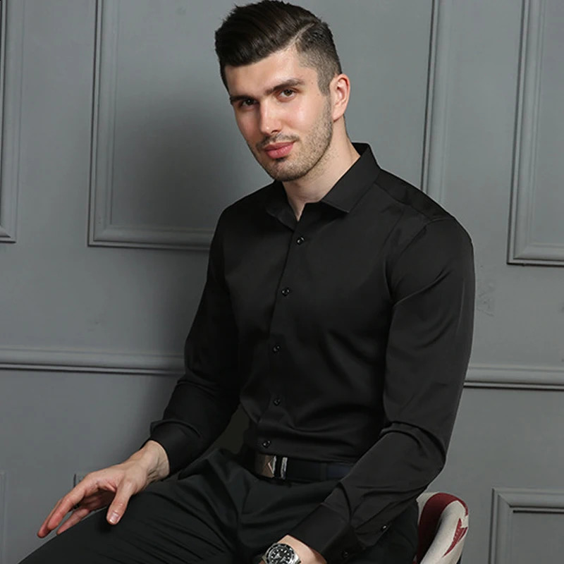 Mens Long-sleeved Business Casual Shirt Solid Color Slim Non Iron White Black Blue Formal Dress Shirts Easy Care 240822