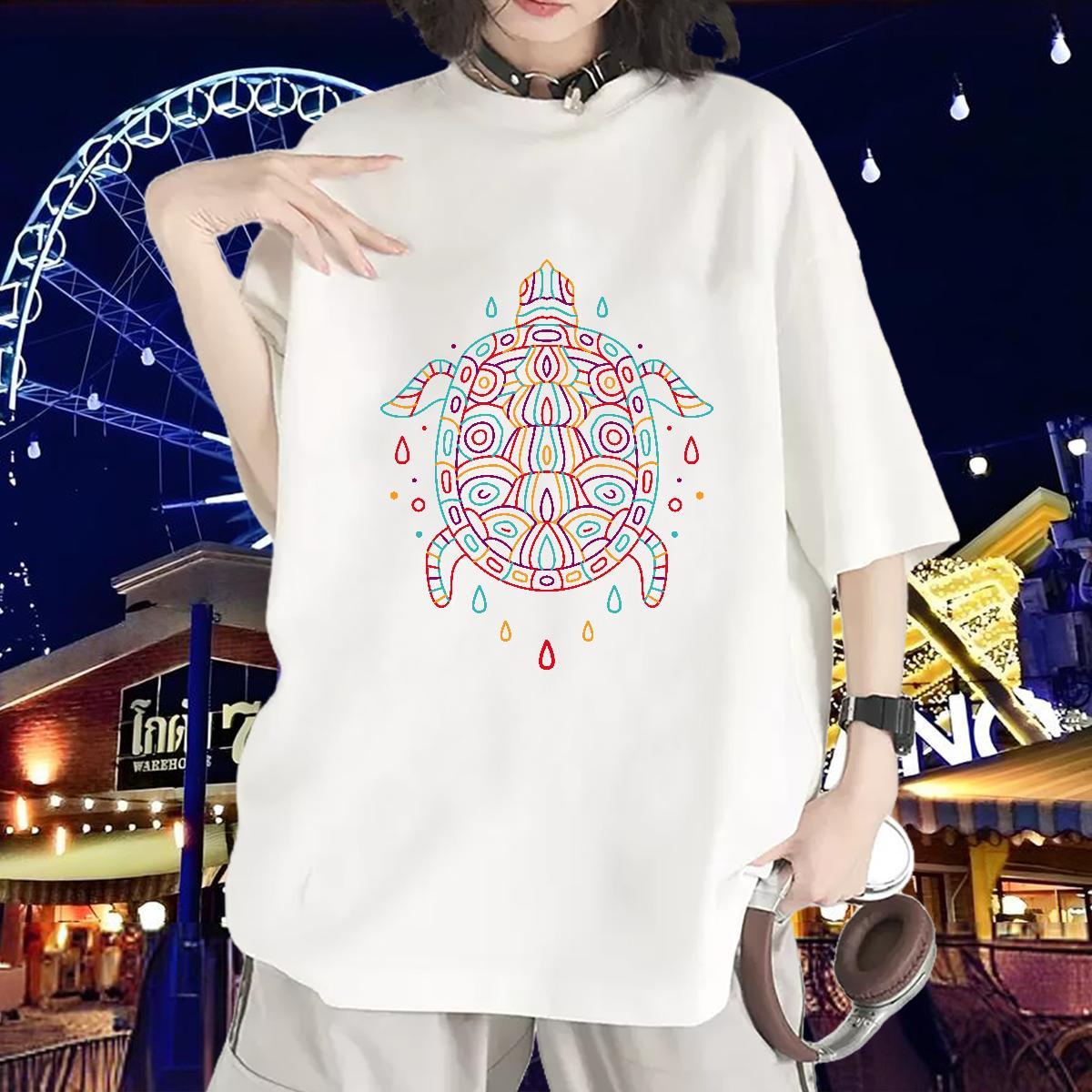 2024 Designer T-Shirts for Women Short Sleeve O-Neck 230g Pure Cotton Woman Tshirt Cartoon Floral Printing tortoise Street Casual Unisex Tops