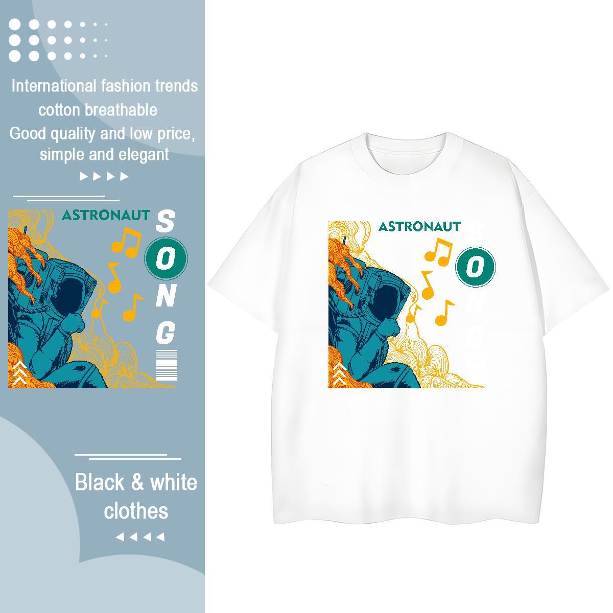 Female Couples T Shirts 230g Pure Cotton cosmonaut Daily Wear T shirt Breathable Crew Neck Cartoon Floral Printing Tops Shirt