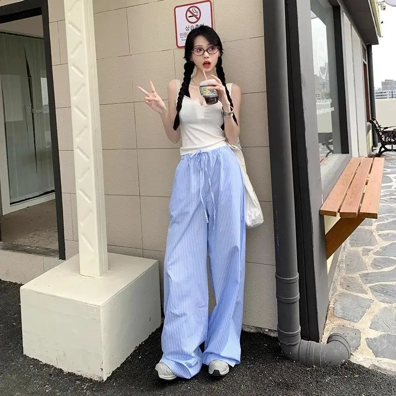QWEEK Blue Stripe Wide Leg Pants Korean Style Thin High Waist Trousers Loose Casual Pantalones Summer Y2k Clothing 240821