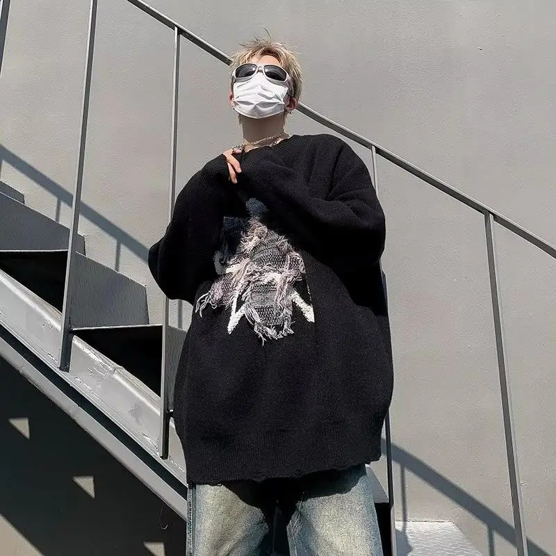 Thickened Sweater Men Purple Knitted Harajuku Sweater Autumn And Winter n Sense Top Long Sleeve Jumper Star Pattern 240821