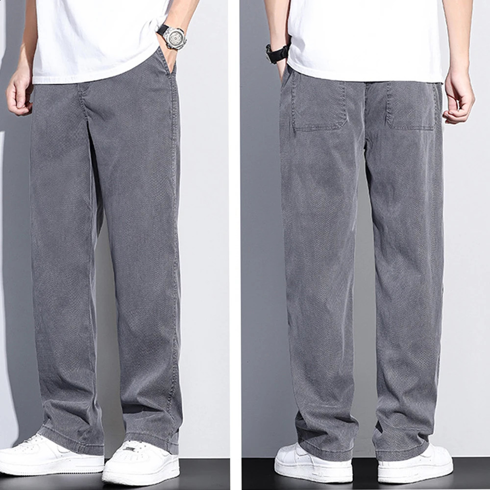 Summer Jeans for Men Thin Soft Lyocell Fabric Loose Straight Wide Leg Pants Elastic Waist Casual Trousers Plus Size M-5XL 240822