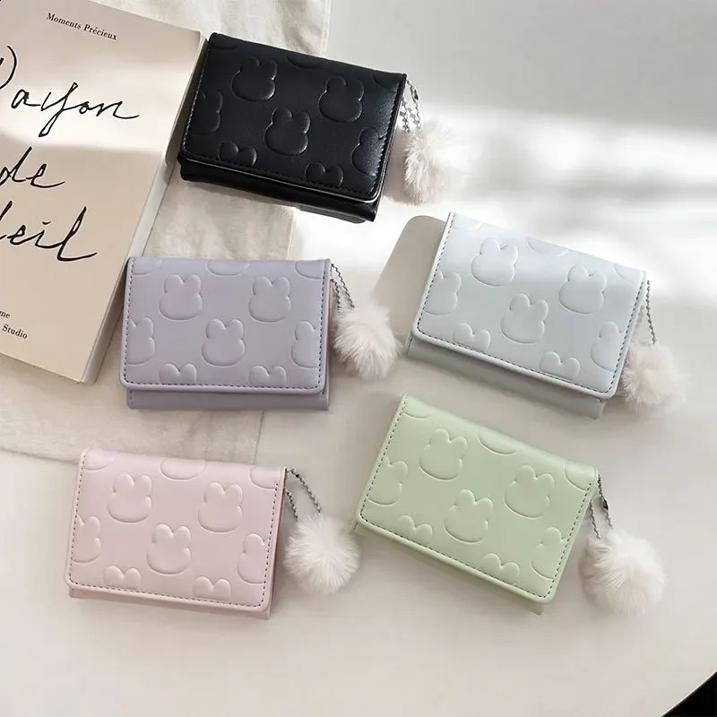 Women Short Cute Wallet Foaming Printing Rabbit Coin Purse Hairy Ball Pendant Three Fold Card Holder Girl Cartoon Clutch 240821