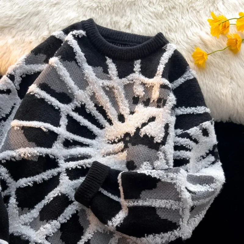 Style American Spider Jacquard Round Neck Sweater For Men Women Autumn/winter Casual Trendy Oversize Knitted Top 240821